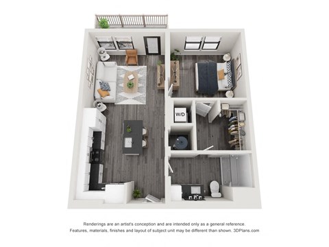 A 3D floor plan of a small apartment with a kitchen, living room, and bedroom.